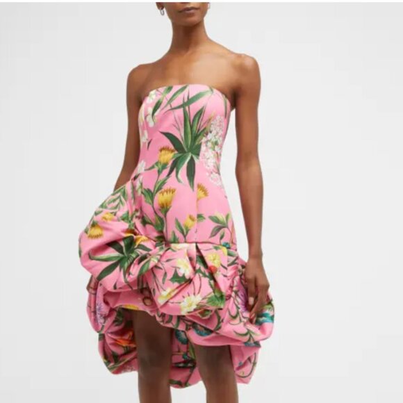 Oscar de la Renta Pink Floral Draped Balloon-Hem Strapless Dress | Size 6 |$4290 - Picture 1 of 16